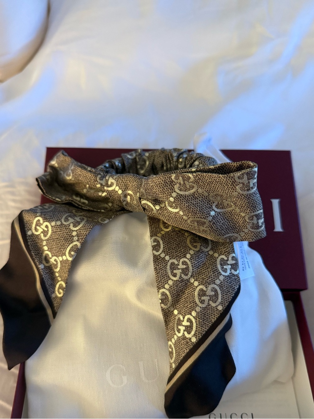 Gucci Brown GG Logo Silk Bow Scrunchie with Black Trim